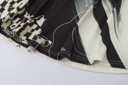 Cute Abstract Print A-Line Long Dress With Cowl Black & White Stripe Sleeves V Neck Maxi Dress AP6751