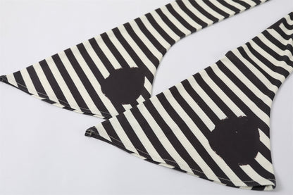 Cute Abstract Print A-Line Long Dress With Cowl Black & White Stripe Sleeves V Neck Maxi Dress AP6751