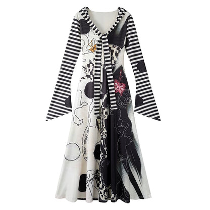Cute Abstract Print A-Line Long Dress With Cowl Black & White Stripe Sleeves V Neck Maxi Dress AP6751