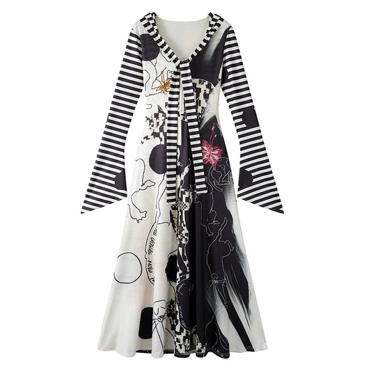 Cute Abstract Print A-Line Long Dress With Cowl Black & White Stripe Sleeves V Neck Maxi Dress AP6751