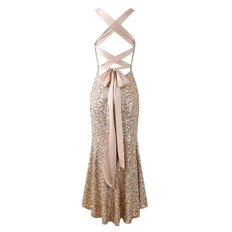 Ethereal Crisscross Open Back Long Dress Satin Bow Tie Spaghetti Strap Maxi Skirt Champagne Sequin Mermaid Dress AP6752