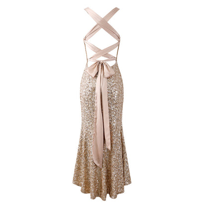 Ethereal Crisscross Open Back Long Dress Satin Bow Tie Spaghetti Strap Maxi Skirt Champagne Sequin Mermaid Dress AP6752