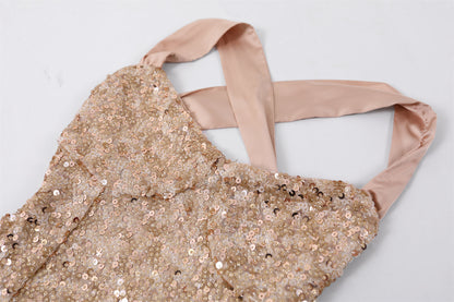 Ethereal Crisscross Open Back Long Dress Satin Bow Tie Spaghetti Strap Maxi Skirt Champagne Sequin Mermaid Dress AP6752