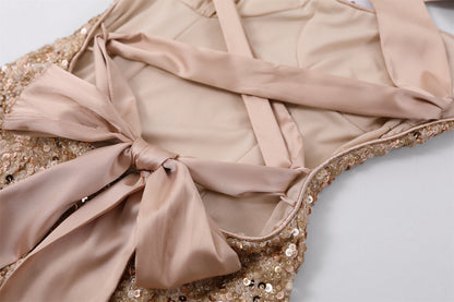 Ethereal Crisscross Open Back Long Dress Satin Bow Tie Spaghetti Strap Maxi Skirt Champagne Sequin Mermaid Dress AP6752