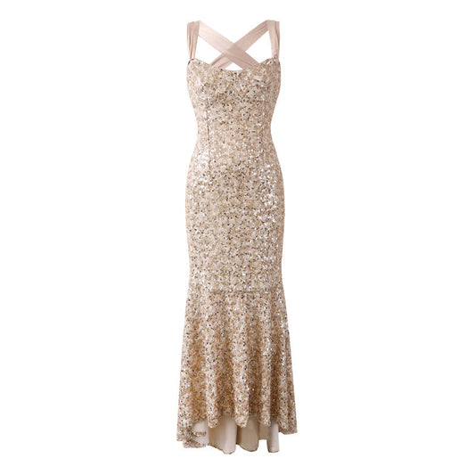 Ethereal Crisscross Open Back Long Dress Satin Bow Tie Spaghetti Strap Maxi Skirt Champagne Sequin Mermaid Dress AP6752