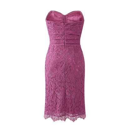 Alluring Magenta Lace Strapless Sheath Cocktail Dress Evening Outfit Midi Dress AP6753