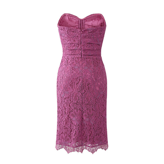 Alluring Magenta Lace Strapless Sheath Cocktail Dress Evening Outfit Midi Dress AP6753