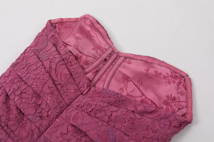 Alluring Magenta Lace Strapless Sheath Cocktail Dress Evening Outfit Midi Dress AP6753