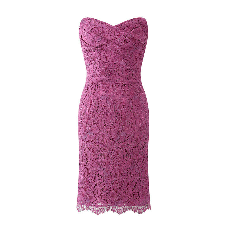 Alluring Magenta Lace Strapless Sheath Cocktail Dress Evening Outfit Midi Dress AP6753