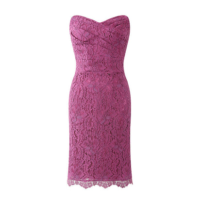 Alluring Magenta Lace Strapless Sheath Cocktail Dress Evening Outfit Midi Dress AP6753