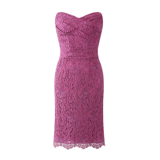 Alluring Magenta Lace Strapless Sheath Cocktail Dress Evening Outfit Midi Dress AP6753