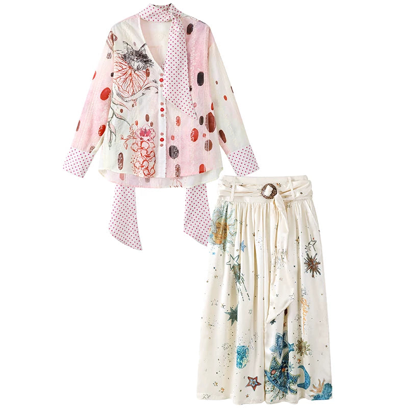 Gorgeous Polka Dot Scarf Detail A-Line Long Dress Boho Poet Blouse Printed Midi Skirt Set Maxi Dress AP6754