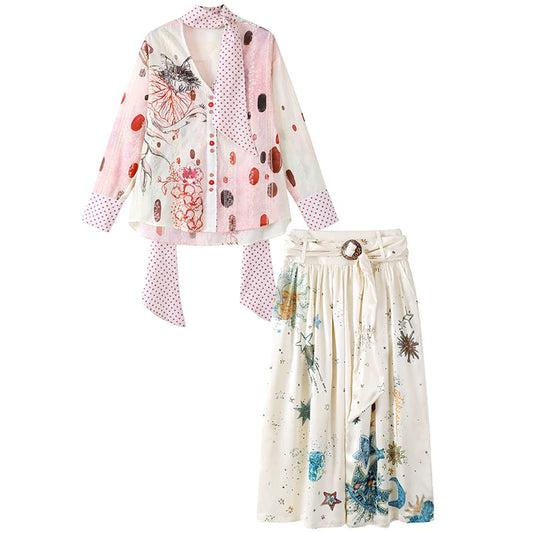 Gorgeous Polka Dot Scarf Detail A-Line Long Dress Boho Poet Blouse Printed Midi Skirt Set Maxi Dress AP6754