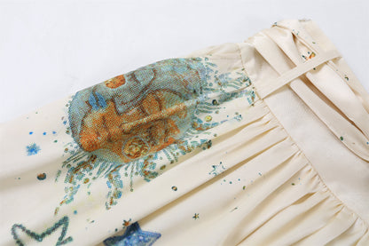 Gorgeous Polka Dot Scarf Detail A-Line Long Dress Boho Poet Blouse Printed Midi Skirt Set Maxi Dress AP6754