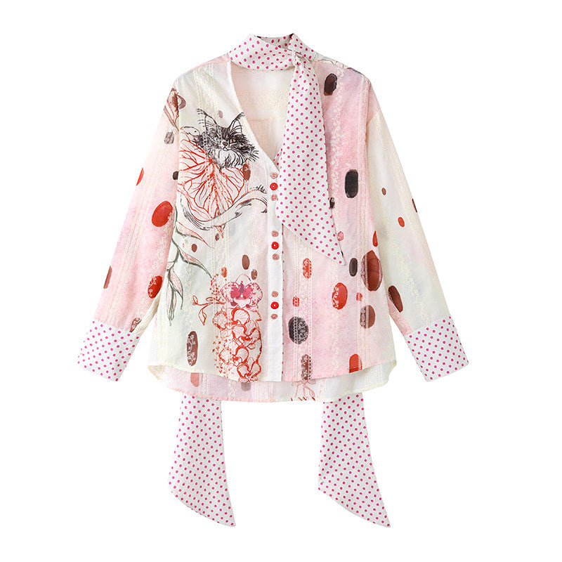 Gorgeous Polka Dot Scarf Detail A-Line Long Dress Boho Poet Blouse Printed Midi Skirt Set Maxi Dress AP6754