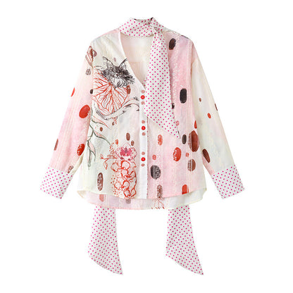 Gorgeous Polka Dot Scarf Detail A-Line Long Dress Boho Poet Blouse Printed Midi Skirt Set Maxi Dress AP6754