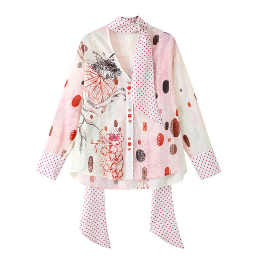 Gorgeous Polka Dot Scarf Detail A-Line Long Dress Boho Poet Blouse Printed Midi Skirt Set Maxi Dress AP6754
