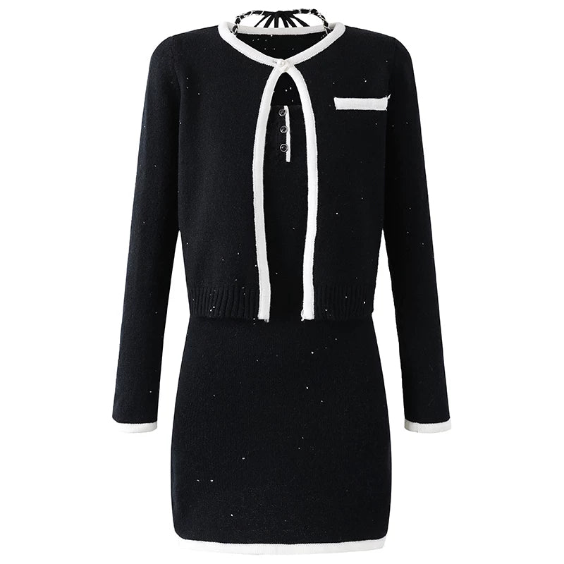 Glam Black Knit Two-Piece Outfit Sheath Mini Skirt White Trim  Preppy Chic Outfits Short Dress AP6755
