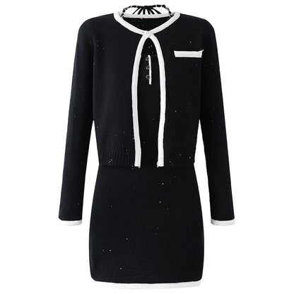 Glam Black Knit Two-Piece Outfit Sheath Mini Skirt White Trim  Preppy Chic Outfits Short Dress AP6755