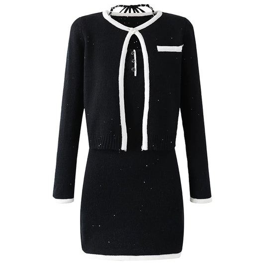 Glam Black Knit Two-Piece Outfit Sheath Mini Skirt White Trim  Preppy Chic Outfits Short Dress AP6755