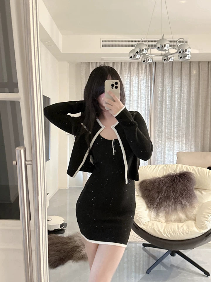 Glam Black Knit Two-Piece Outfit Sheath Mini Skirt White Trim  Preppy Chic Outfits Short Dress AP6755