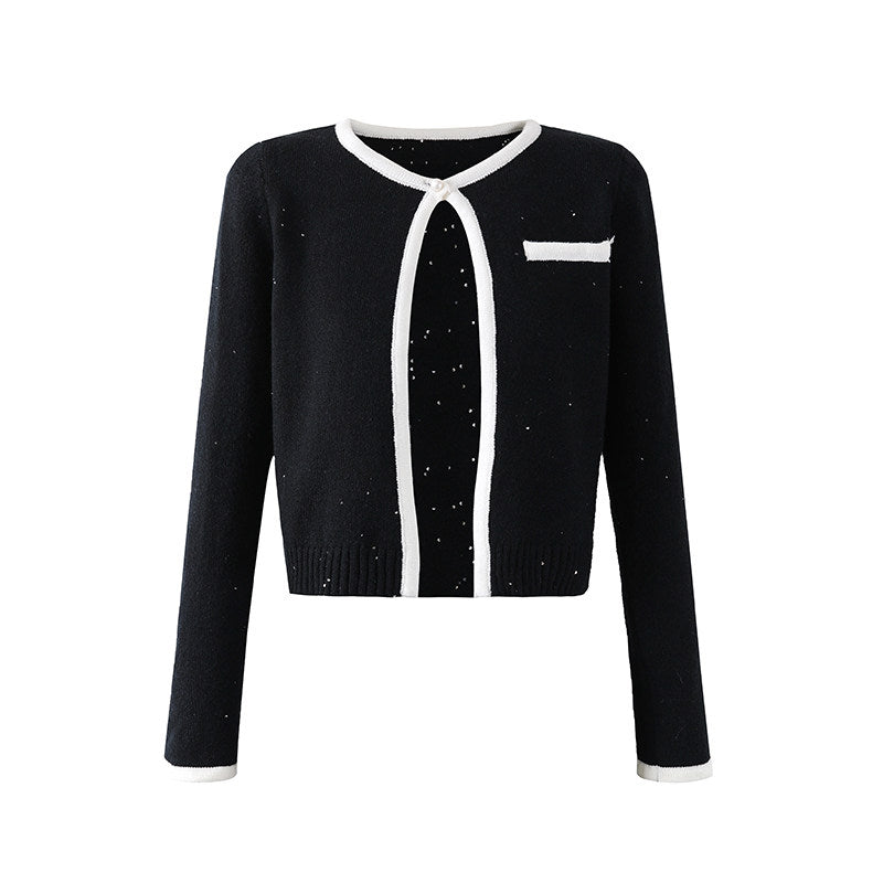 Glam Black Knit Two-Piece Outfit Sheath Mini Skirt White Trim  Preppy Chic Outfits Short Dress AP6755
