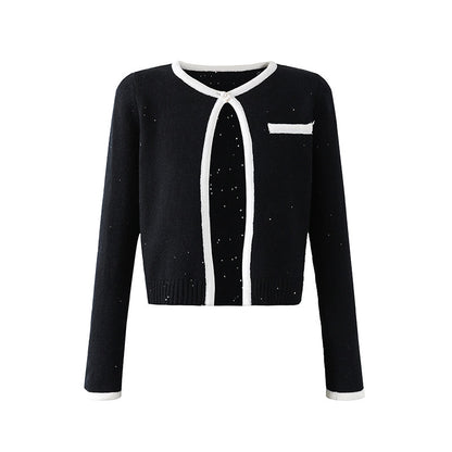 Glam Black Knit Two-Piece Outfit Sheath Mini Skirt White Trim  Preppy Chic Outfits Short Dress AP6755