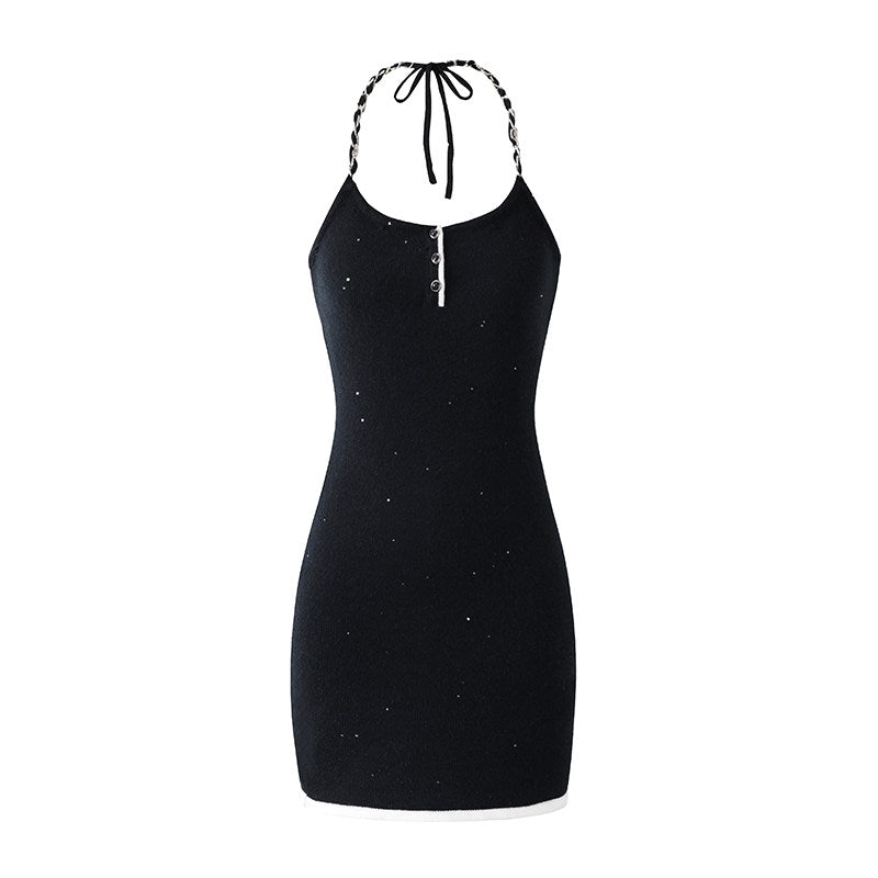 Glam Black Knit Two-Piece Outfit Sheath Mini Skirt White Trim  Preppy Chic Outfits Short Dress AP6755
