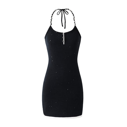 Glam Black Knit Two-Piece Outfit Sheath Mini Skirt White Trim  Preppy Chic Outfits Short Dress AP6755