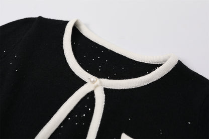 Glam Black Knit Two-Piece Outfit Sheath Mini Skirt White Trim  Preppy Chic Outfits Short Dress AP6755