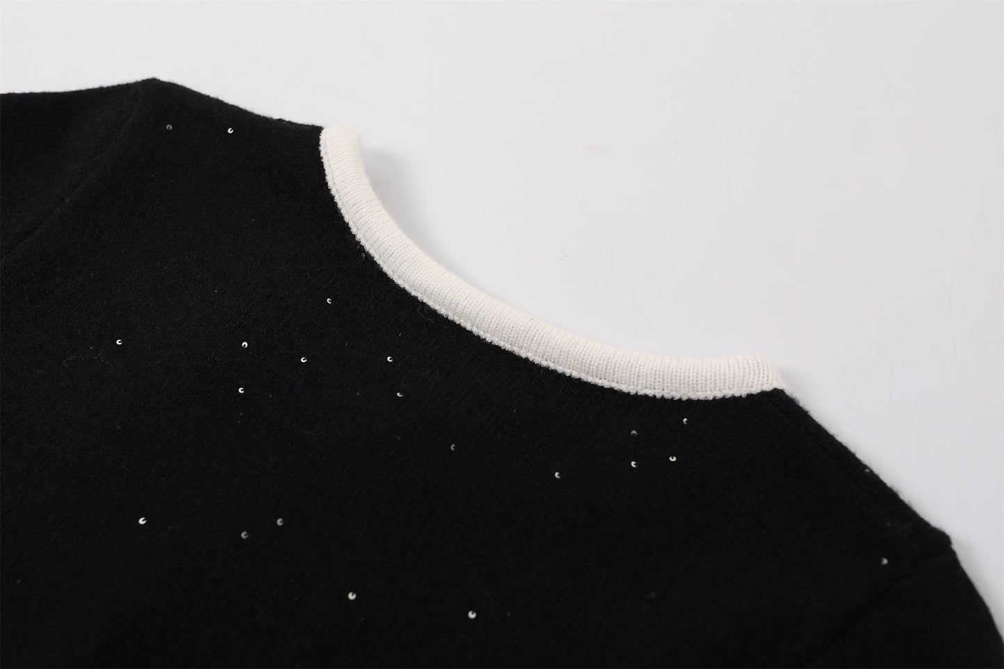 Glam Black Knit Two-Piece Outfit Sheath Mini Skirt White Trim  Preppy Chic Outfits Short Dress AP6755