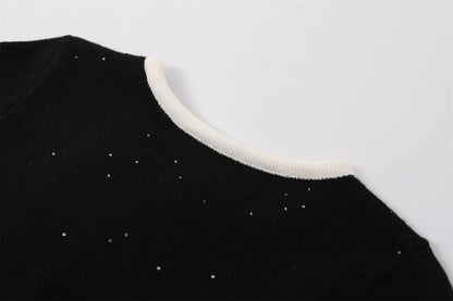 Glam Black Knit Two-Piece Outfit Sheath Mini Skirt White Trim  Preppy Chic Outfits Short Dress AP6755