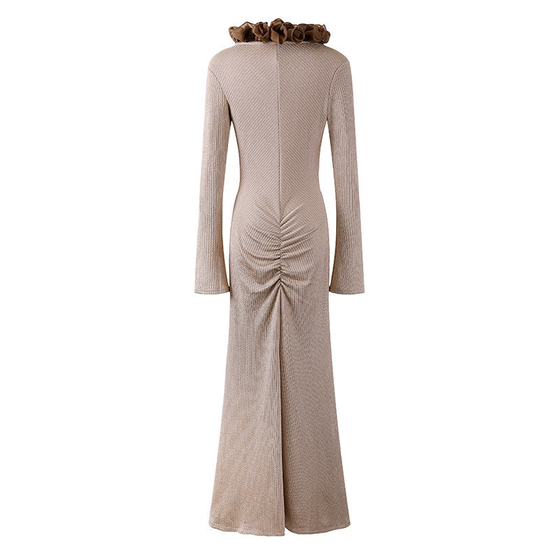 Glamorous Bold Brown Ruffle Detail Sheath Maxi Dress Elegant Beige Knit V Neck Long Sleeves Slit Long Dress AP6756