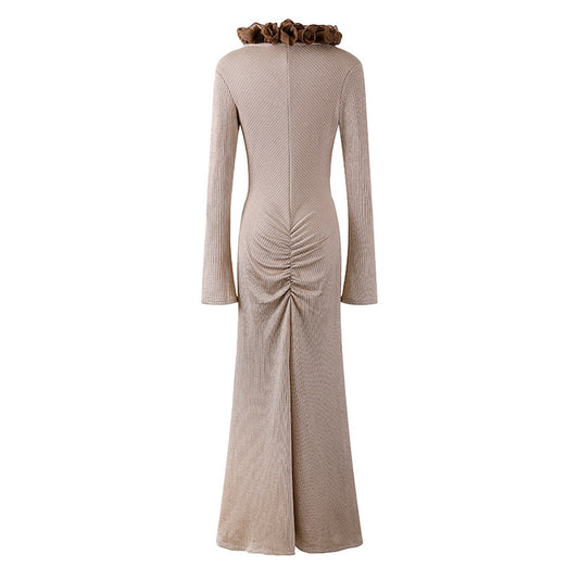 Glamorous Bold Brown Ruffle Detail Sheath Maxi Dress Elegant Beige Knit V Neck Long Sleeves Slit Long Dress AP6756