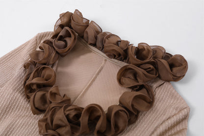 Glamorous Bold Brown Ruffle Detail Sheath Maxi Dress Elegant Beige Knit V Neck Long Sleeves Slit Long Dress AP6756