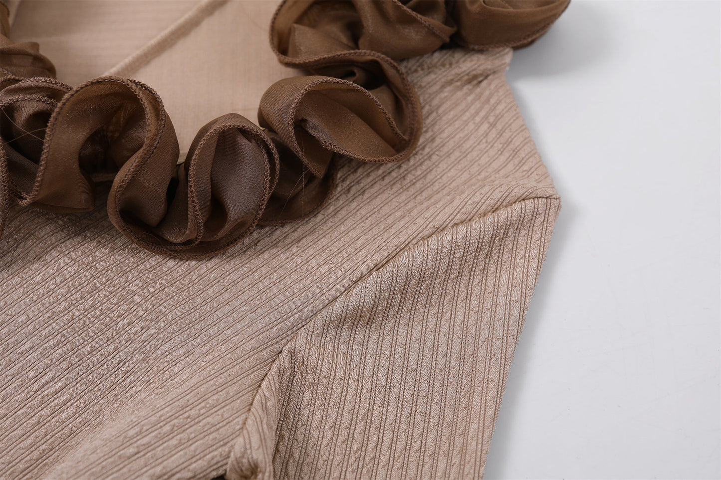 Glamorous Bold Brown Ruffle Detail Sheath Maxi Dress Elegant Beige Knit V Neck Long Sleeves Slit Long Dress AP6756