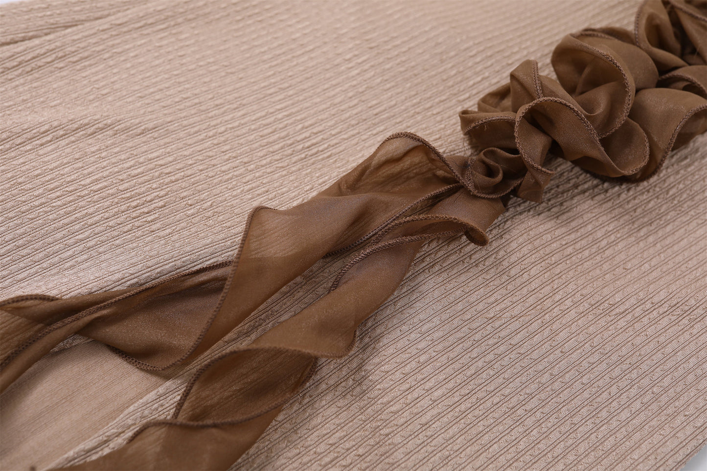 Glamorous Bold Brown Ruffle Detail Sheath Maxi Dress Elegant Beige Knit V Neck Long Sleeves Slit Long Dress AP6756