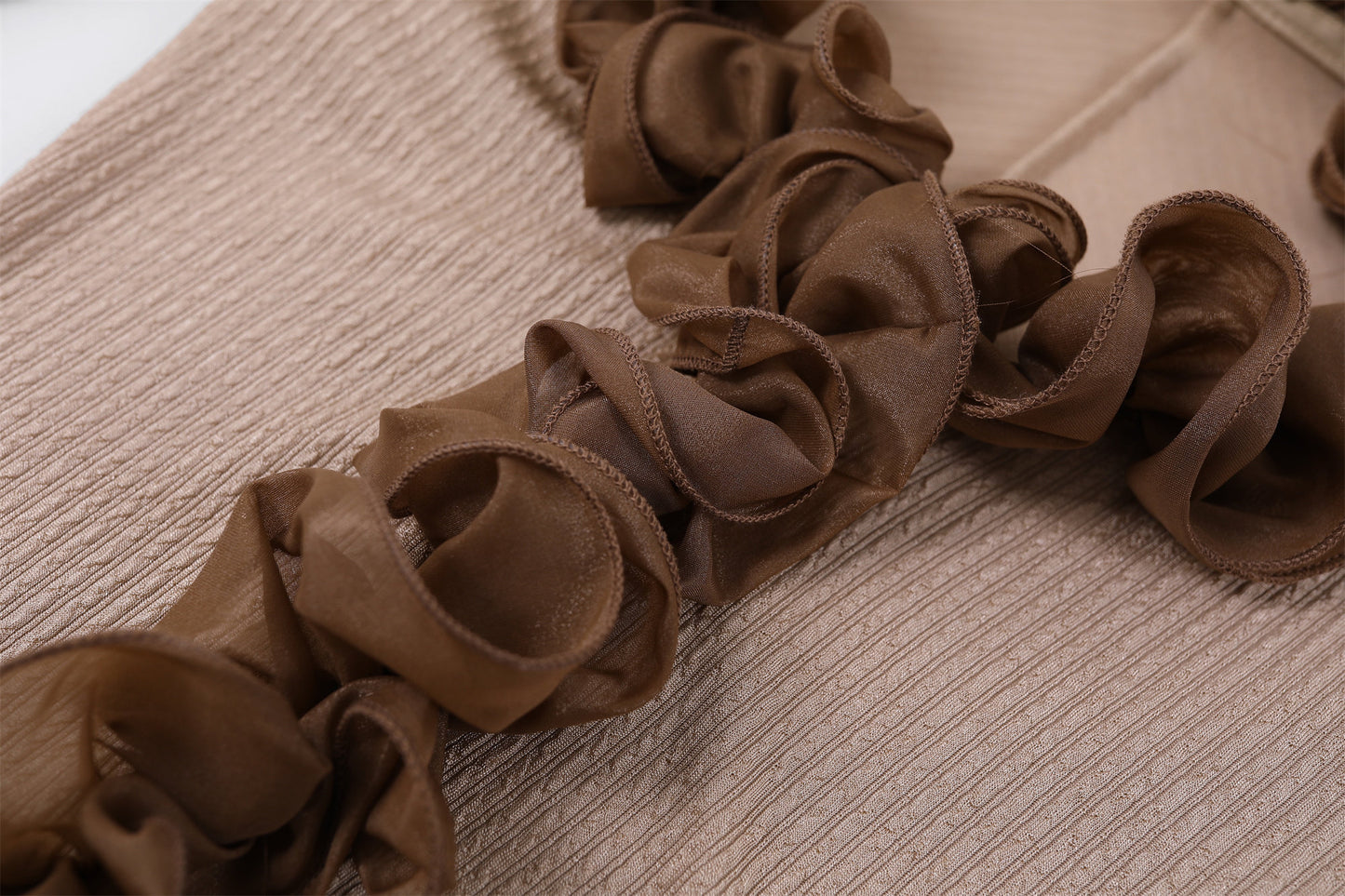 Glamorous Bold Brown Ruffle Detail Sheath Maxi Dress Elegant Beige Knit V Neck Long Sleeves Slit Long Dress AP6756