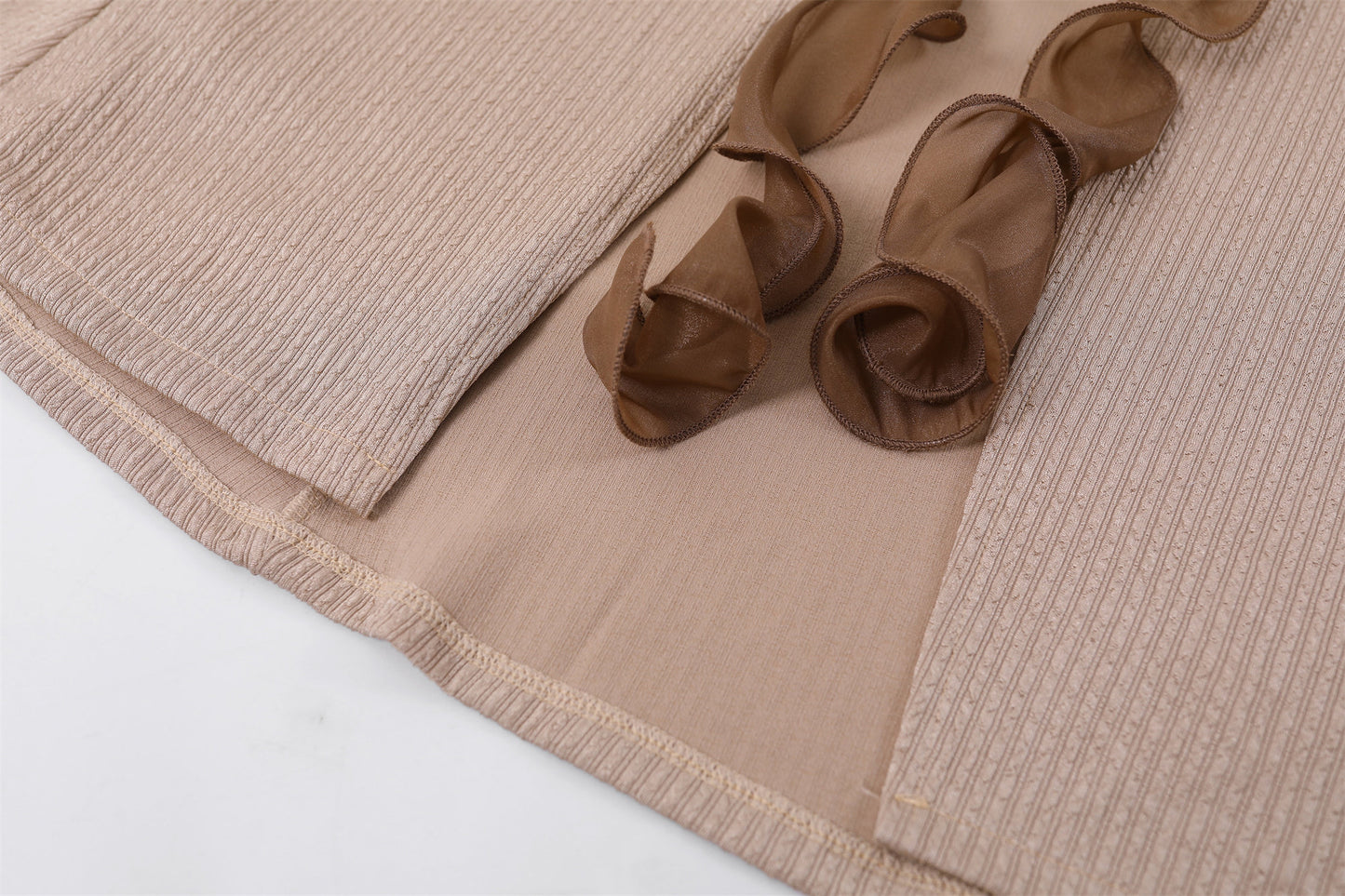 Glamorous Bold Brown Ruffle Detail Sheath Maxi Dress Elegant Beige Knit V Neck Long Sleeves Slit Long Dress AP6756