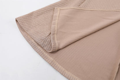 Glamorous Bold Brown Ruffle Detail Sheath Maxi Dress Elegant Beige Knit V Neck Long Sleeves Slit Long Dress AP6756