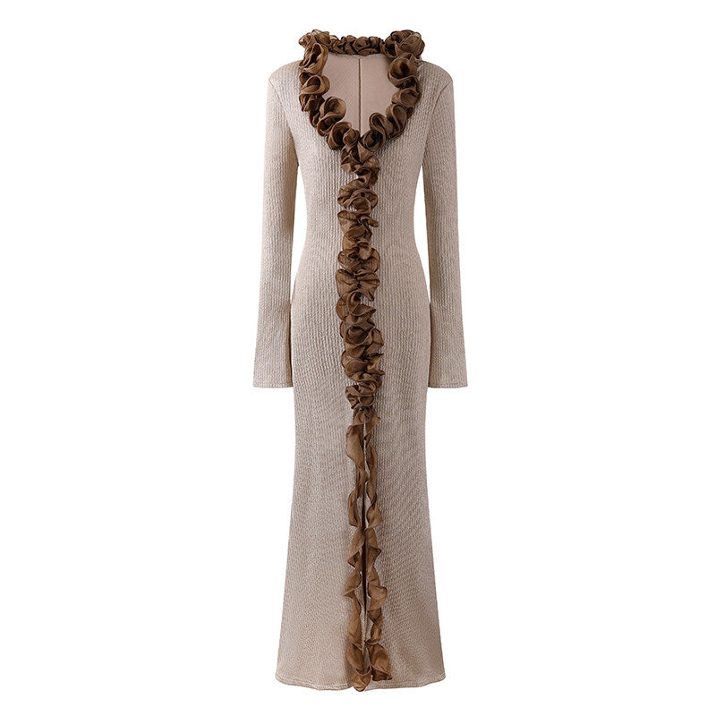 Glamorous Bold Brown Ruffle Detail Sheath Maxi Dress Elegant Beige Knit V Neck Long Sleeves Slit Long Dress AP6756