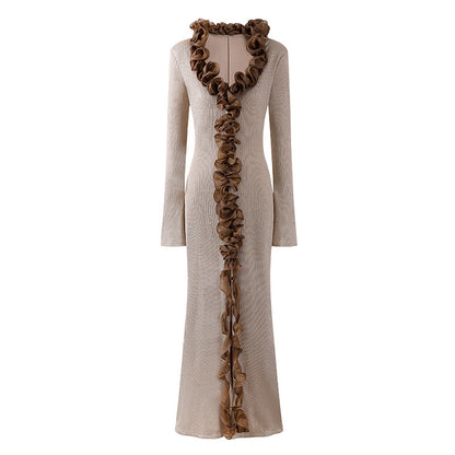 Glamorous Bold Brown Ruffle Detail Sheath Maxi Dress Elegant Beige Knit V Neck Long Sleeves Slit Long Dress AP6756