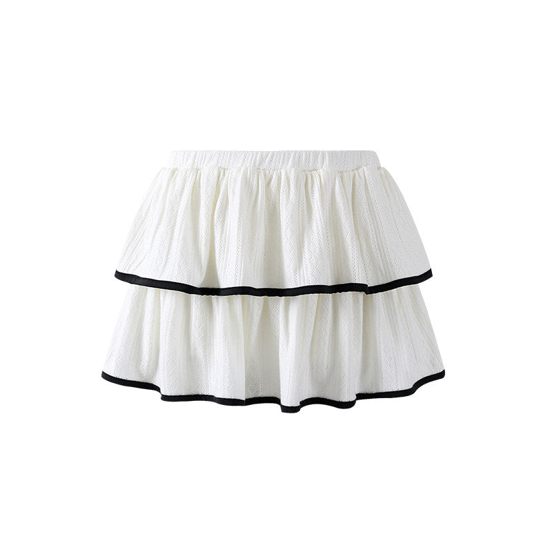 Dramatic Long Sleeve Tie Front Top Ruffled A-Line Mini Skirt Coquette White Knit Two-Piece Black Piping Short Dress AP6757