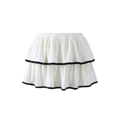 Dramatic Long Sleeve Tie Front Top Ruffled A-Line Mini Skirt Coquette White Knit Two-Piece Black Piping Short Dress AP6757