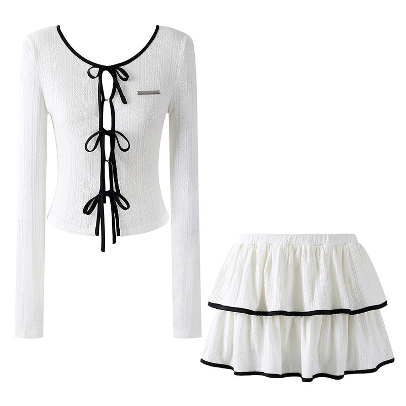 Dramatic Long Sleeve Tie Front Top Ruffled A-Line Mini Skirt Coquette White Knit Two-Piece Black Piping Short Dress AP6757