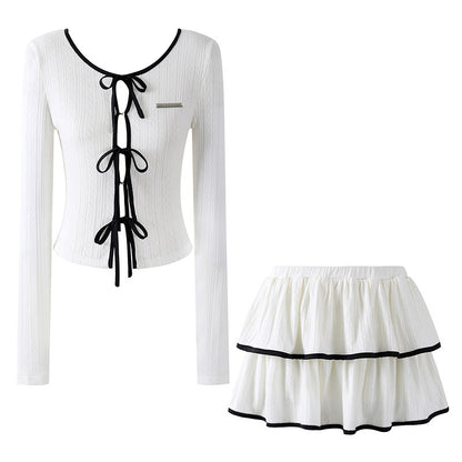 Dramatic Long Sleeve Tie Front Top Ruffled A-Line Mini Skirt Coquette White Knit Two-Piece Black Piping Short Dress AP6757
