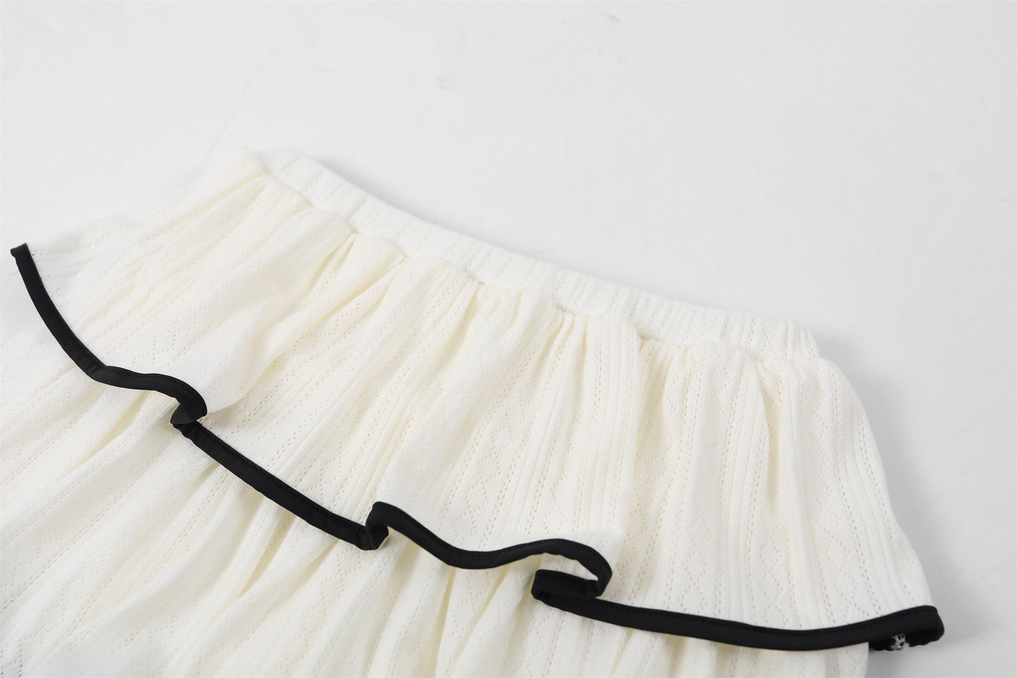 Dramatic Long Sleeve Tie Front Top Ruffled A-Line Mini Skirt Coquette White Knit Two-Piece Black Piping Short Dress AP6757