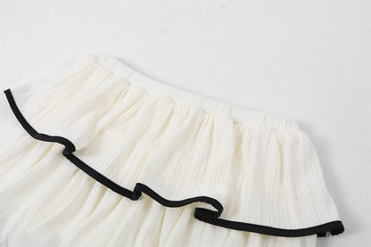 Dramatic Long Sleeve Tie Front Top Ruffled A-Line Mini Skirt Coquette White Knit Two-Piece Black Piping Short Dress AP6757