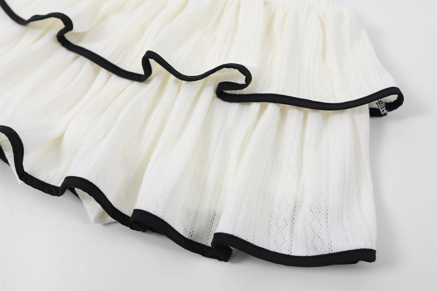Dramatic Long Sleeve Tie Front Top Ruffled A-Line Mini Skirt Coquette White Knit Two-Piece Black Piping Short Dress AP6757