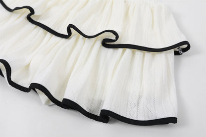 Dramatic Long Sleeve Tie Front Top Ruffled A-Line Mini Skirt Coquette White Knit Two-Piece Black Piping Short Dress AP6757